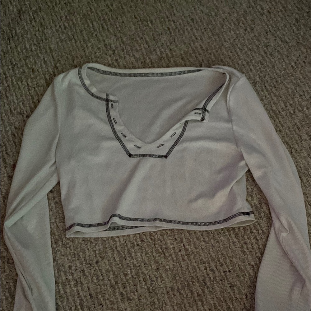 SHEIN Gray Cream Long Sleeve Crop Blouse with Bib Collar